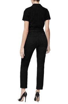 Get to work in this utility jumpsuit designed in an inky wash with abbreviated sleeves. 57" length; 28" inseam; 14" leg opening (size 4(XL)) Spread collar Short sleeves 72% cotton, 25% recycled cotton, 2% elastomultiester, 1% elastane Machine wash, tumble dry Made in Turkey Black Owned/Founded Fitted Washed Black Jeans For Work, Washed Black Fitted Jeans For Work, Fitted Black Overall Jeans, Black Fitted Overalls Jeans, Black Overall Jeans For Work, Fitted Overall Jeans For Workwear, Mechanic Jumpsuit, Utility Jumpsuit, Designer Jumpsuits