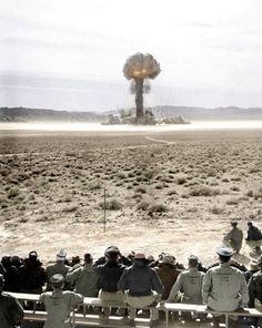 Atomic explosion at Nevada Test Site. (Colorized Photo) 1957 Atomic Explosion, Colorized Photos, E Mc2, Fukushima, Nagasaki, Photo Vintage, Historical Events, Hiroshima, Military History