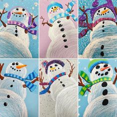 four pictures of snowmen with hats and scarves