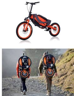 two men with backpacks walking on the side of a road next to an orange and black scooter