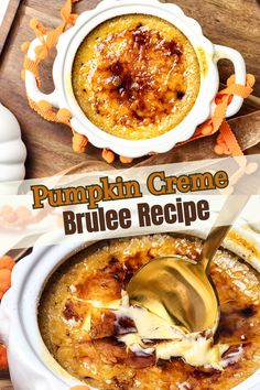 pumpkin creme brulee recipe in a white bowl with a spoon on top