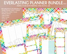 the everlasting planner bundle is shown in multicolored plaid paper with gold lettering