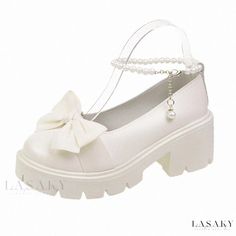 Lasaky - Mary Jane Flat Shoes with Soft Sole, Granny Shoes, Butterfly Knot Leather Shoes Spring Synthetic Leather Shoes With Round Toe, Synthetic Heels With Rubber Sole And Round Toe, White Flat Heels With Rubber Sole, White Synthetic Leather Slip-on Shoes, White Slip-on Heels With Rubber Sole, Granny Shoes, Shoes Butterfly, Mary Jane Flat Shoes, Mary Jane Shoes Flat