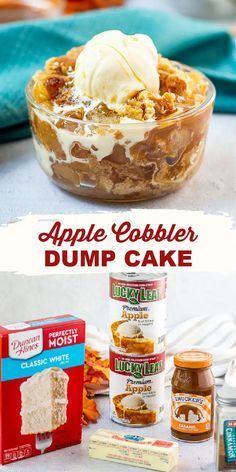 an apple cobbler dump cake in a glass bowl with ice cream and caramel on top