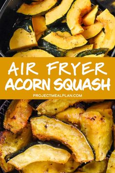 air fryer acorn squash in a pan with text overlay