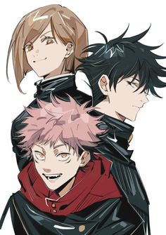 three anime characters with short hair and black leather outfits, one is wearing a red shirt