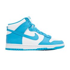 Find NIKE Dunk High 'laser Blue on Editorialist. The Nike Dunk High ‘Laser Blue’ accentuates the shoe’s classic lines with traditional color blocking that recalls the iconic ‘Be True to Your’ series from 1985. The leather upper pairs a crisp white base with contrasting overlays in a pastel blue shade. In addition to the signature Swoosh, branding elements take the form of a Nike logo on the tongue tag and sockliner. Underpinning the sneaker is a blue rubber outsole with a traction pattern similar to another 1985 silhouette, the Air Jordan 1. Cute Nike Shoes, Nike Dunk High, Dunk High, Cute Nikes, Swag Shoes, Nike Dunk, Pastel Blue, Air Jordan 1, Nike Dunks