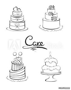 four different cakes with the word cake on top and bottom, in black and white