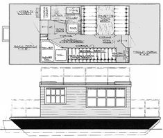 the floor plan for a small cabin with an attached kitchen and living room, as well as