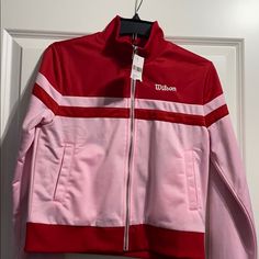 Zipper Jacket Pink Red Wilson Never Worn Trendy Red Long Sleeve Track Jacket, Trendy Red Track Jacket For Fall, Red Sporty Outerwear With Zipper Closure, Sporty Red Outerwear With Zipper, Sporty Red Outerwear With Zipper Closure, Trendy Pink Fall Track Jacket, Red Long Sleeve Track Jacket For Spring, Red Long Sleeve Spring Track Jacket, Distressed Leather Jacket