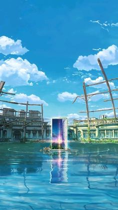 an anime scene with buildings and water in the foreground, clouds in the background