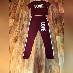 Women's Two-Piece Size Large Color Burgundy New Casual Red Matching Set Bottoms, Red Crew Neck Sets With Letter Print, Red Letter Print Crew Neck Set, Striped Sweatpants, Shein Pants, Side Stripe, Womens Sweatpants, Women's Leggings, Pant Jumpsuit