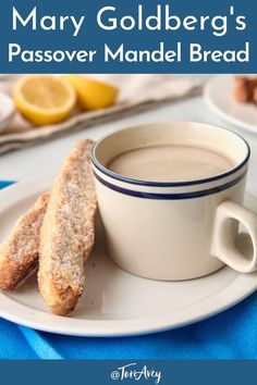 mary goldberg's passover mandel bread on a white plate with blue trim