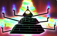 the pyramid is surrounded by candles and other things in front of a colorful sky with clouds