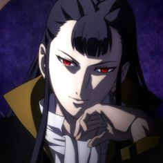 an anime character with long black hair and red eyes