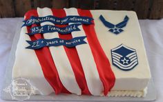 a cake decorated with red, white and blue icing that says congratulations to the most friends in service