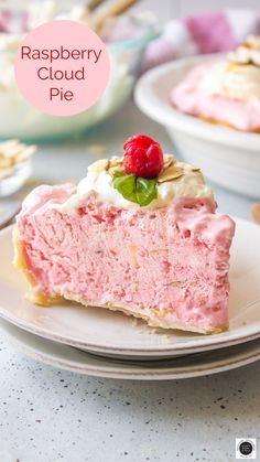 a piece of raspberry cloud pie on a plate