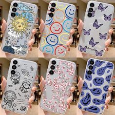 four cases with cartoon characters on them in different colors and designs, one is blue, the