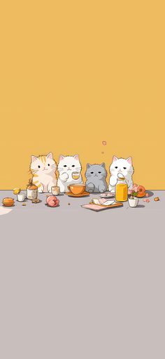 three cats sitting at a table with food and drinks on it, in front of an orange wall