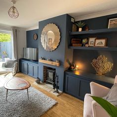 a living room filled with furniture and a fire place