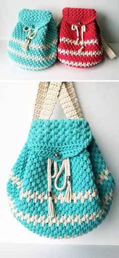 two crocheted purses are shown side by side, one is blue and the other is red