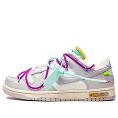 Looking for a fresh and stylish sneaker to take your summer style up a notch? Look no further than the OFF-WHITE x Nike Dunk Low! This collaboration between two of the biggest names in fashion and sneakers takes a white leather upper and soft grey canvas overlays, adding signature details like Virgil Abloh’s plastic zip tie and printed Helvetica text. Contrasting pops of color arrive via the sneaker’s secondary lacing system, zip-tie, exposed-foam tongue and rectangular tab affixed to the Swoosh Nike Dunk Low Off White, Off White Dunk, Dunk Shoes, Vapour Max Nike, Off White X Nike, Nike Off White, Nike Sacai, Pretty Shoes Sneakers, Womens Air Jordans