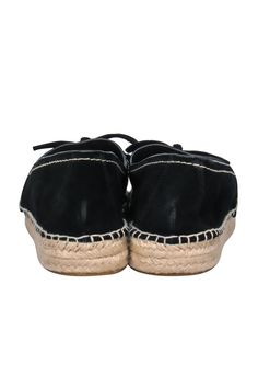 These Spanish-style shoes are an absolute classic and essential to every woman’s closet! Espadrilles are comfortable and have so many historical ties. Coach has put a modern twist on this classic style by adding their iconic logo on the top and using this beautiful black suede. The suede adds an elegant feel to this casual style shoe. Pop these on with a sundress and run errands in style! Size 9 Suede Light scuff at back of heel Platform 1” Toe to heel 10.5” Leather Lace-up Espadrilles With Rubber Sole, Casual Lace-up Espadrilles With Woven Sole, Casual Espadrilles With Contrast Sole, Casual Espadrilles With Textured Sole And Flat Heel, Black Espadrilles With Leather Sole And Flat Heel, Casual Leather Sole Slip-on Espadrilles, Casual Slip-on Espadrilles With Leather Sole, Trendy Espadrilles With Rubber Sole, Casual Black Espadrilles With Textured Sole