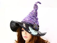 An unusual elegant water witch, a unique renfair costume, a witch nature festival celebration - The Frog and Dragonfly Witch Hat is soft but still firm enough to hang on a hook or stand on its own. Full of character and fun to wear, this hat expresses a love of nature and pond life.  I've overlaid the brim with two dragonfly's hovering near a happy toad enjoying the ride on the hat. The hat band is accented with a vintage brass inlaid talisman knotted to strands of black paracord. I crocheted the body from soft merino wool, nylon, and kid silk mohair. Comfortable and full of wrinkled character, this witch hat can be shaped and tilted. I have worked the wrinkles into the hat to give it the natural character you see, but you can scrunch it more if you wish. The crocheted body allows for a so Witchy Halloween Costume Hat With Short Brim, Witchy Costume Hats With Curved Brim For Fall, Witchy Short Brim Halloween Costume Hat, Witchy Costume Hat With Short Brim, Witchy Wide Brim Costume Hat For Winter, Witchy Wide Brim Costume Accessories, Witchy Wide Brim Winter Costume Hat, Witchy Costume Hat For Fall, Halloween Costume Hats And Headpieces With Short Brim