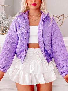 Puffin Pink Jacket | sassyshortcake.com | Sassy Shortcake Boutique Heart Puffer Jacket, Casual Purple Puffer Jacket, Purple Puffer Jacket For Fall, Purple Nylon Winter Outerwear, Quilted Nylon Puffer Jacket For Spring, Spring Quilted Nylon Puffer Jacket, Trendy Spring Quilted Puffer Jacket, Trendy Lavender Outerwear, Quilted Jacket Outfit