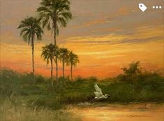 an oil painting of birds flying over a river at sunset with palm trees in the background