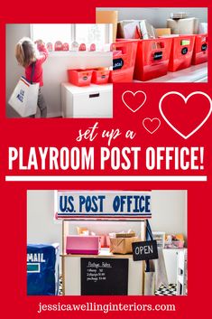 the playroom post office is filled with toys, books and other things to do