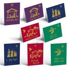 six christmas cards with gold foil designs on the front and back, each featuring an image of a nativity scene