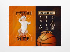 an orange and black blanket with a baby on it's back, next to a photo of a basketball player