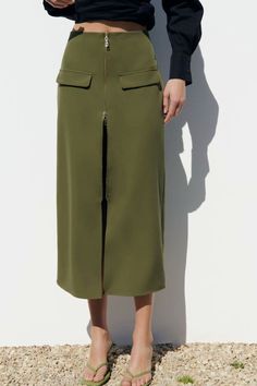 F00186235-101 High Waisted Skirt Green, Green Skirt Womens, High Waist Aline Skirt, Midi Skirts Work, Skirts Straight, Cargo Skirt, Line Skirt, Spring Women, Dress Zipper