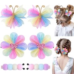 Butterfly Barrettes, Bun Braid, Pastel Rainbow Hair, Infant Halloween, Bows Wedding, Hair Ties Diy, Butterfly Hair Clips, Flower Hair Bows, Playful Colors