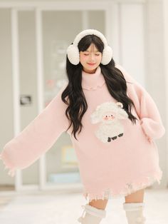 The price is for a sweater only, others are not included.  Garment Size   	 		 			Size 			S 			M 			L 		 		 			Full Length 			63 			65 			67 		 		 			Bust 			110 			114 			118 		 		 			Shoulders 			60 			62 			64 		 		 			Sleeve Length 			45 			45 			46 Cute Warm Knit Sweater, Cute Knitted Tops For Winter, Warm Pink Casual Sweater, Casual Warm Pink Sweater, Cute Oversized Winter Sweater, Spring Long Sleeve Warm Sweater, Warm Pink Sweater For Winter, Cute Acrylic Crew Neck Sweater, Warm Long Sleeve Sweater For Spring