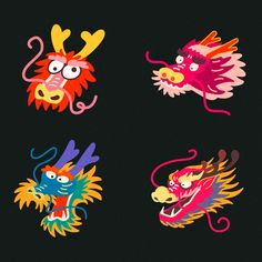 four colorful dragon stickers on a black background, each with different colors and shapes