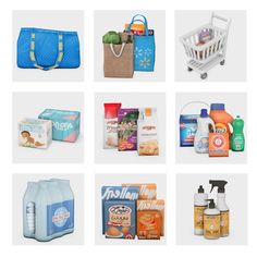 several different types of household care products on a white background, including toiletries and handbags