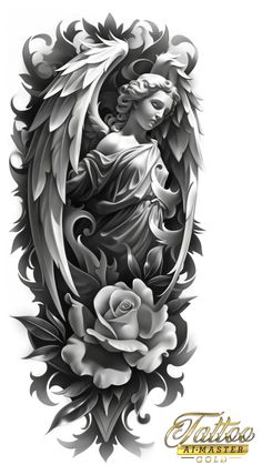 an angel tattoo design with roses and leaves