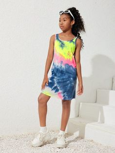 SHEIN Tween Girl Casual Summer Knitted Tie-Dye Sleeveless Dress, Vacation Style | SHEIN USA Dress Vacation, Styles P, Summer Knitting, Vacation Style, Vacation Dresses, Casual Girl, Summer Casual, Sleeveless Dress, Tie Dye