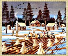 this is a painting of people in the snow by some huts and trees with birds flying overhead