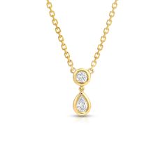 Design A classic necklace with a twist. The Dazzle Necklace features a bezel set round diamond with a dangling bezel set pear shape. Details & Dimensions - 0.35 carats (0.15 carat round, 0.20 carat pear) - Adjustable 16" - 17" chain Diamond Heart Necklace, S Jewelry, Heart Necklace Diamond, Ankle Chain, Classic Necklace, Presents For Her, Leather Chokers, Downtown Los Angeles, Sapphire Necklace