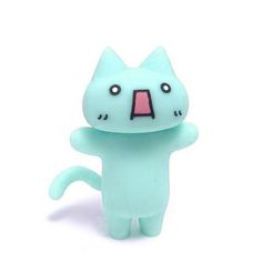 a blue cat figurine with its mouth open