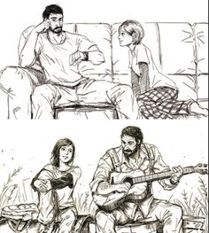 two drawings of people sitting on a couch and one is playing guitar while the other sits down