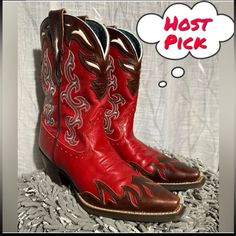 Red Hot! Show Off Your Smokin' Style In These Gorgeous, Full-Grain Leather Cowgirl Boots From Ariat. The Wichita Mesas Feature A Fiery Wing-Tip Design On The Toe And Collar, Laser-Cut Designs At The Top Pull-Tabs, And Intricate, 4-Color Embroidery Along The Sides. Crackled Teal Fabric Lining Adds Rich Texture And Breathability, While Padded Insoles Keep Feet Comfy Hour After Hour. Duratread Outsoles Offer Durability And Just The Right Amount Of Flex, And Ariat's Advanced Torque Stability Technol Leather Cowgirl Boots, Color Embroidery, Teal Fabric, Ariat Shoes, Leather Cowboy Boots, Lasercut Design, Red Hot, Cowgirl Boots, Shoes Heels Boots