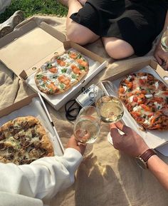 three people are sitting on the grass with pizzas and wine glasses in their hands