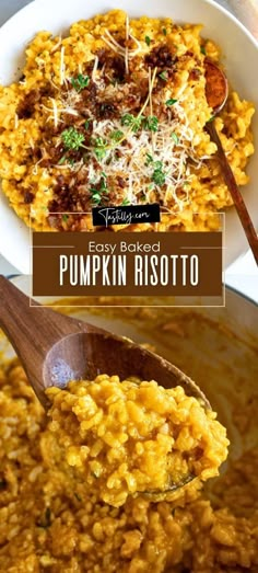 pumpkin risotto with parmesan cheese in a white bowl and wooden spoon