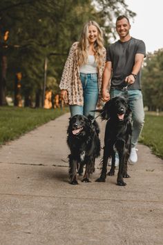 a man and woman walking two dogs down a sidewalk