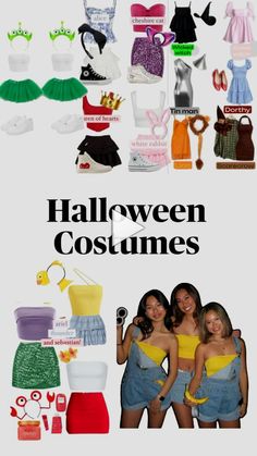 two girls are standing next to each other in front of halloween costumes and clothes on display