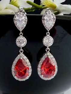 Wedding Bridal Earring LARGE Halo Red Peardrop Cubic Zirconia with Round CZ White Gold Plated  CZ Po Luxury Red Kundan Bridal Earrings, Red Teardrop Jewelry With Matching Earrings, Red Drop Jewelry With Matching Earrings, Red Cubic Zirconia Earrings For Gift, Red Drop Jewelry For Anniversary, Pear-shaped Teardrop Earrings For Party, Red Teardrop Drop Earrings, Red Dangle Bridal Earrings For Anniversary, Red Teardrop Jewelry For Anniversary